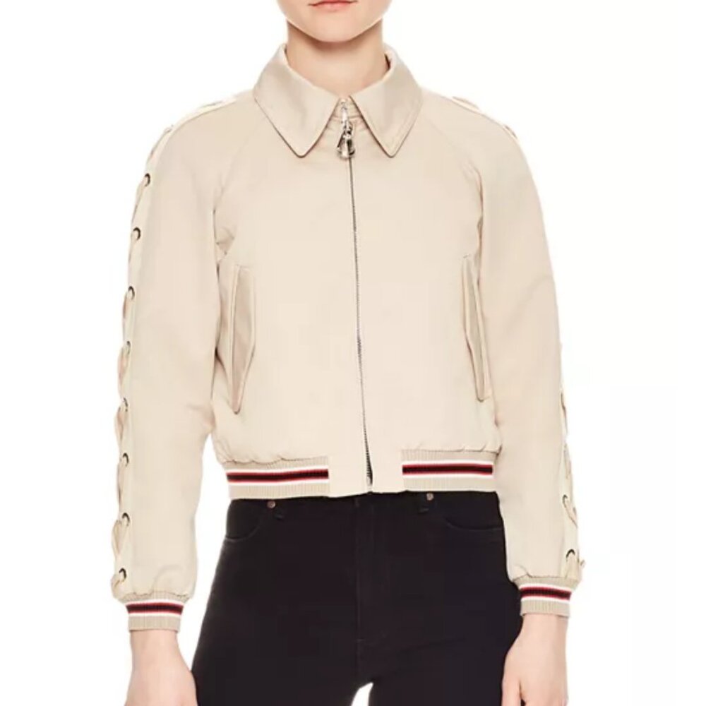 SANDRO LOT LACE UP SLEEVE BOMBER JACKET